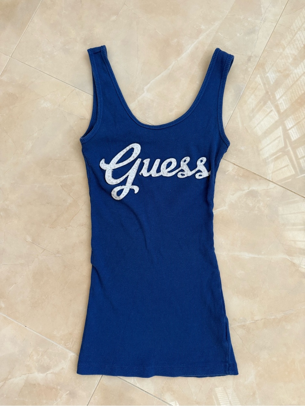 Guess Y2K blue ribbed tank top rhinestone cursive logo